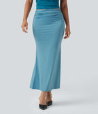 Mid Rise Ruched Midi Mermaid Skirt — Delphinium Blue — view 1