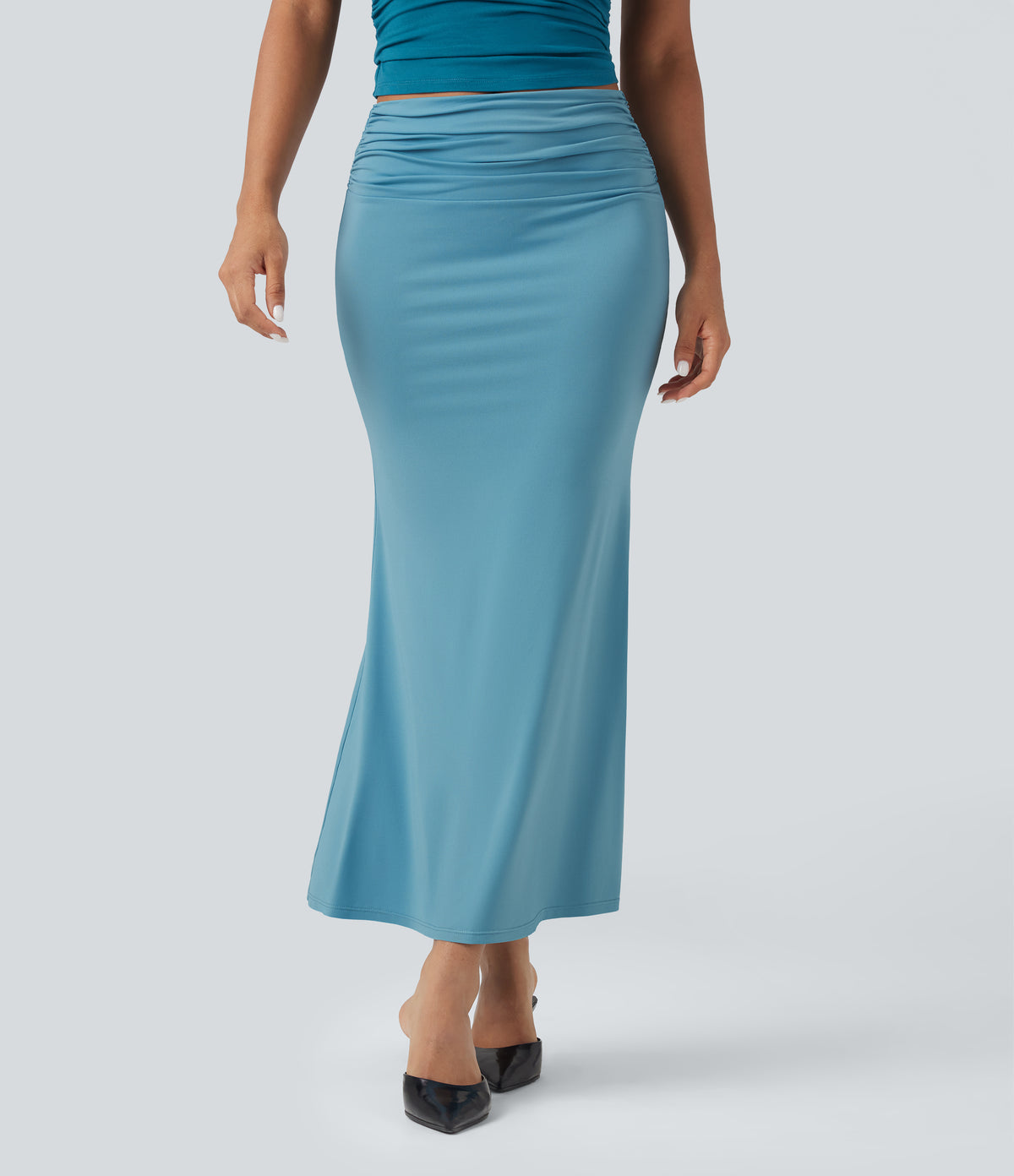 Mid Rise Ruched Midi Mermaid Skirt — Delphinium Blue — view 1