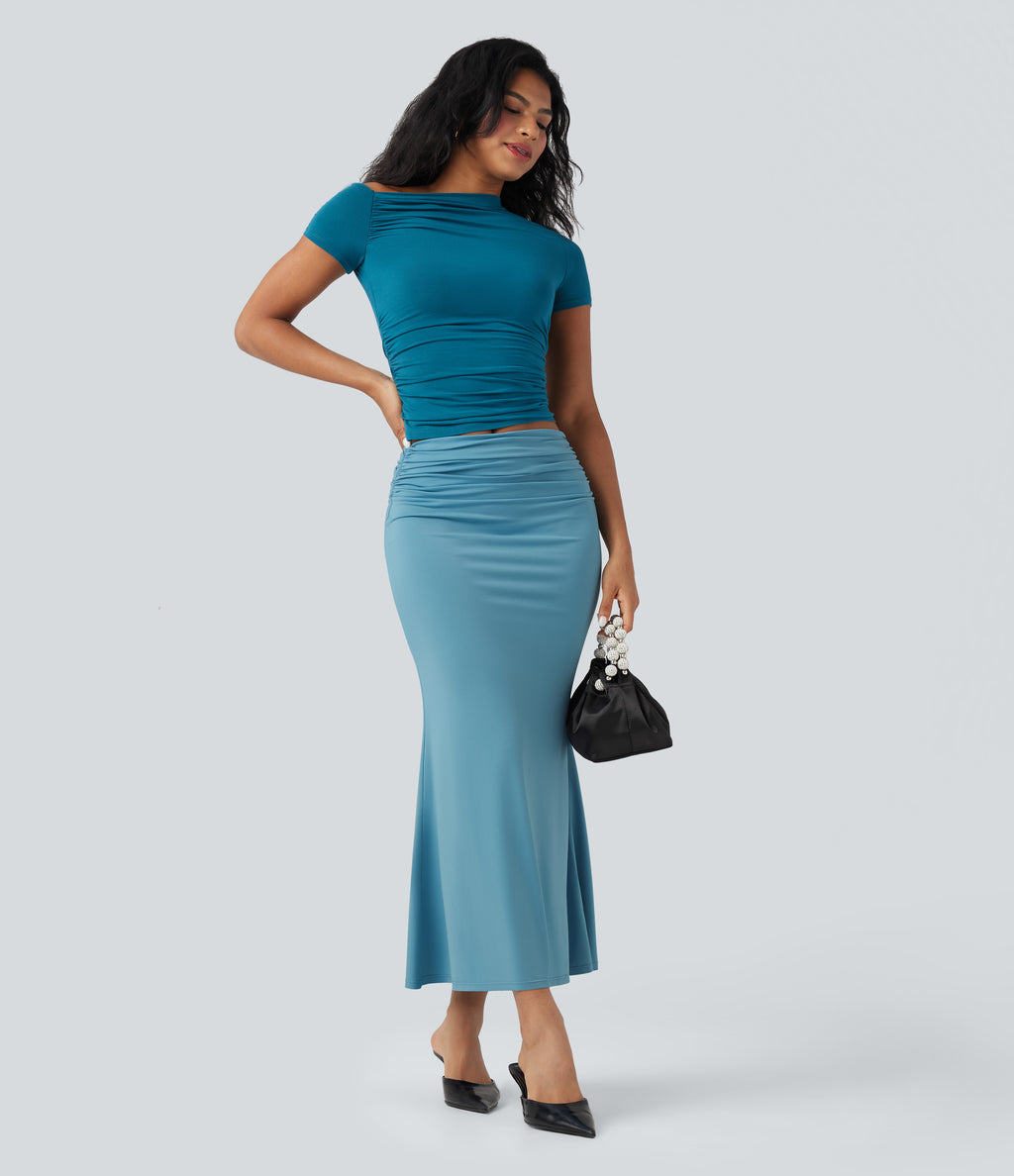 Mid Rise Ruched Midi Mermaid Skirt — Delphinium Blue — view 5