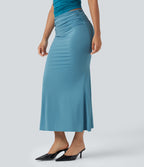 Mid Rise Ruched Midi Mermaid Skirt — Delphinium Blue — view 3