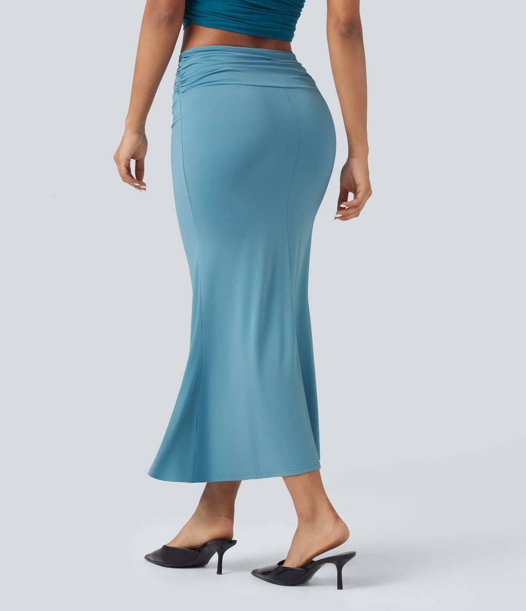 Mid Rise Ruched Midi Mermaid Skirt — Delphinium Blue — view 2