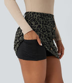 High Waisted 2-in-1 Leopard Print Mini Casual Skirt with Pocket — Green Leopard Print — view 5