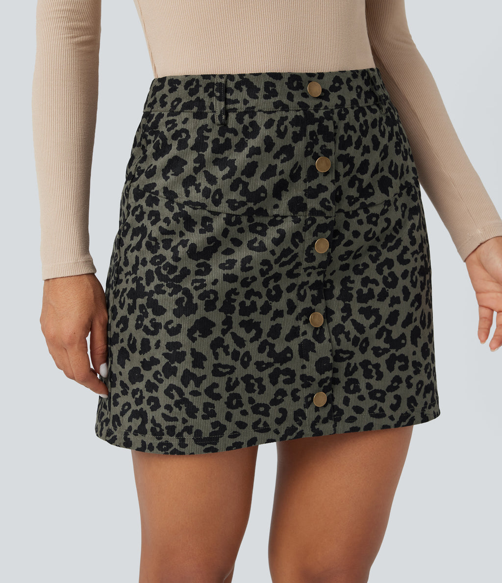 High Waisted 2-in-1 Leopard Print Mini Casual Skirt with Pocket — Green Leopard Print — view 1