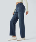 Mid Rise Crossover Tummy Control Straight Leg Casual Jeans with Pockets — Blue Surf Denim — view 3