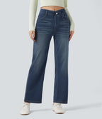 Mid Rise Crossover Tummy Control Straight Leg Casual Jeans with Pockets — Blue Surf Denim — view 4