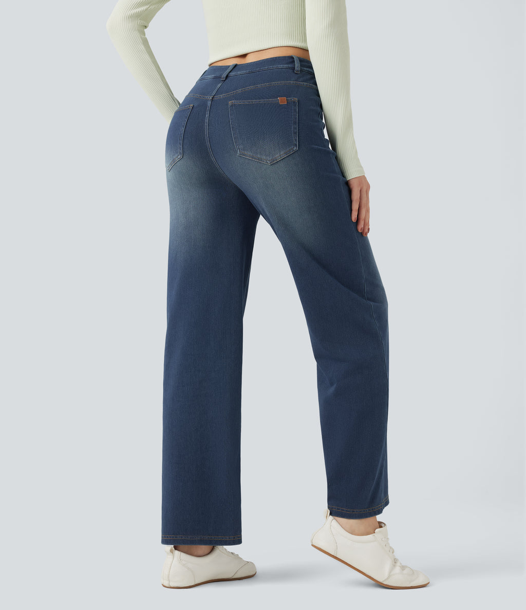 Mid Rise Crossover Tummy Control Straight Leg Casual Jeans with Pockets — Blue Surf Denim — view 2