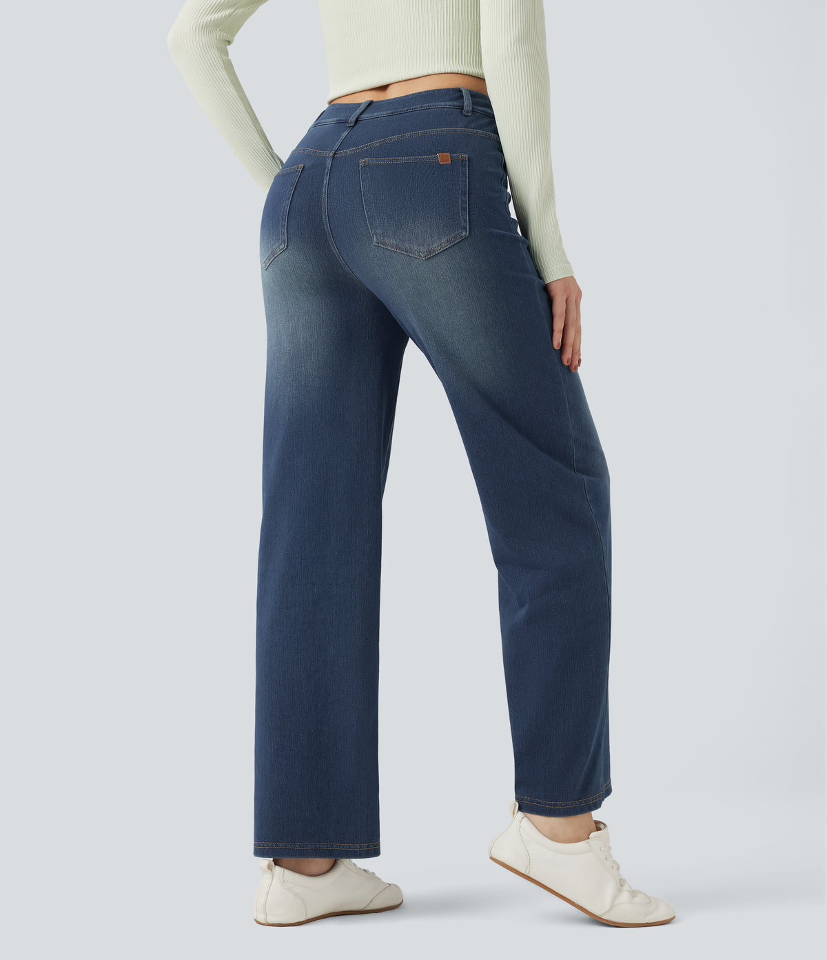 Mid Rise Crossover Tummy Control Straight Leg Casual Jeans with Pockets — Blue Surf Denim — view 2