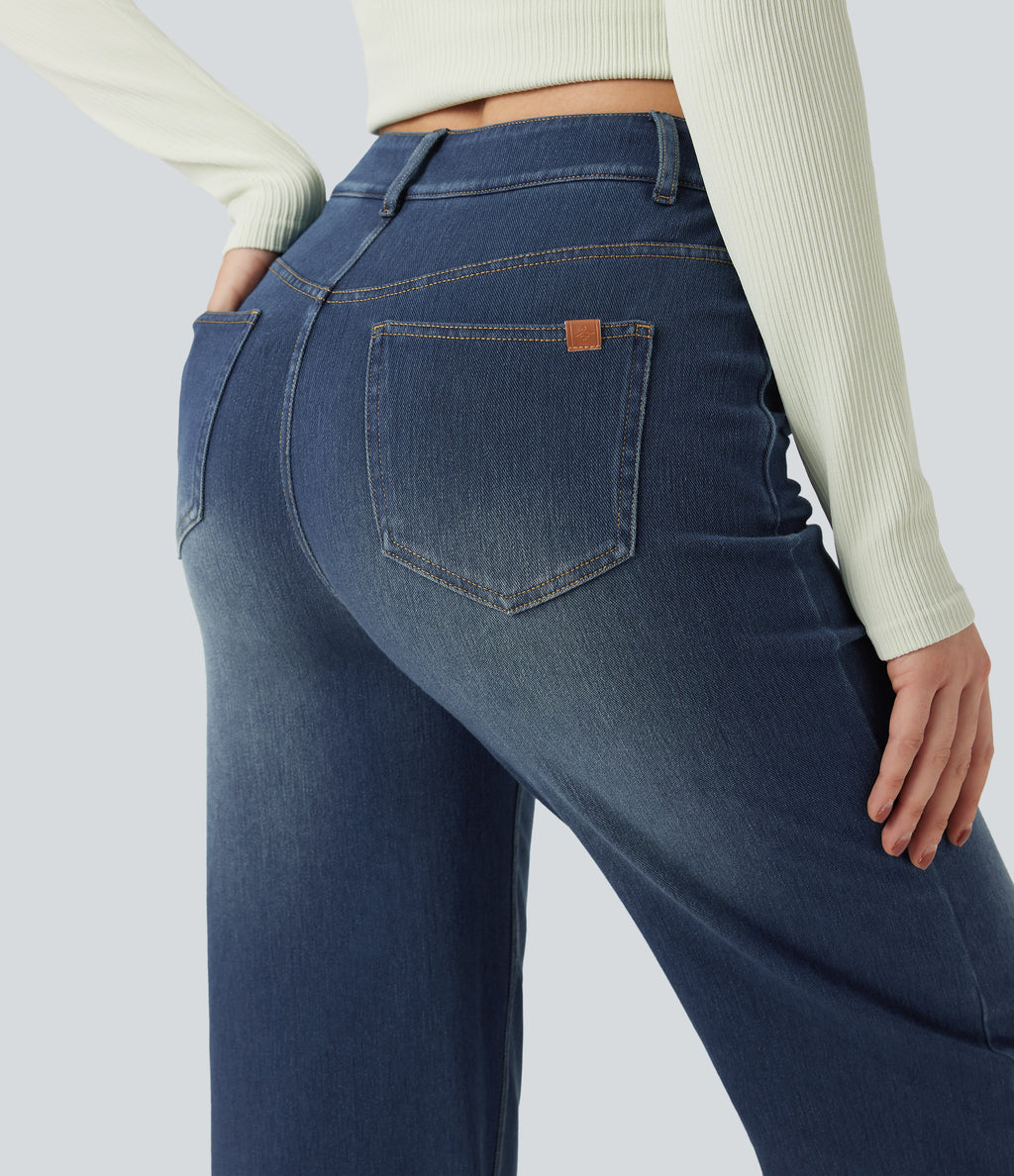 Mid Rise Crossover Tummy Control Straight Leg Casual Jeans with Pockets — Blue Surf Denim — view 6