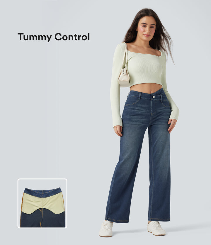 Mid Rise Crossover Tummy Control Straight Leg Casual Jeans with Pockets — Blue Surf Denim — view 1