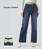 Mid Rise Crossover Tummy Control Straight Leg Casual Jeans with Pockets — Blue Surf Denim — view 8