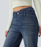 Mid Rise Crossover Tummy Control Straight Leg Casual Jeans with Pockets — Blue Surf Denim — view 5