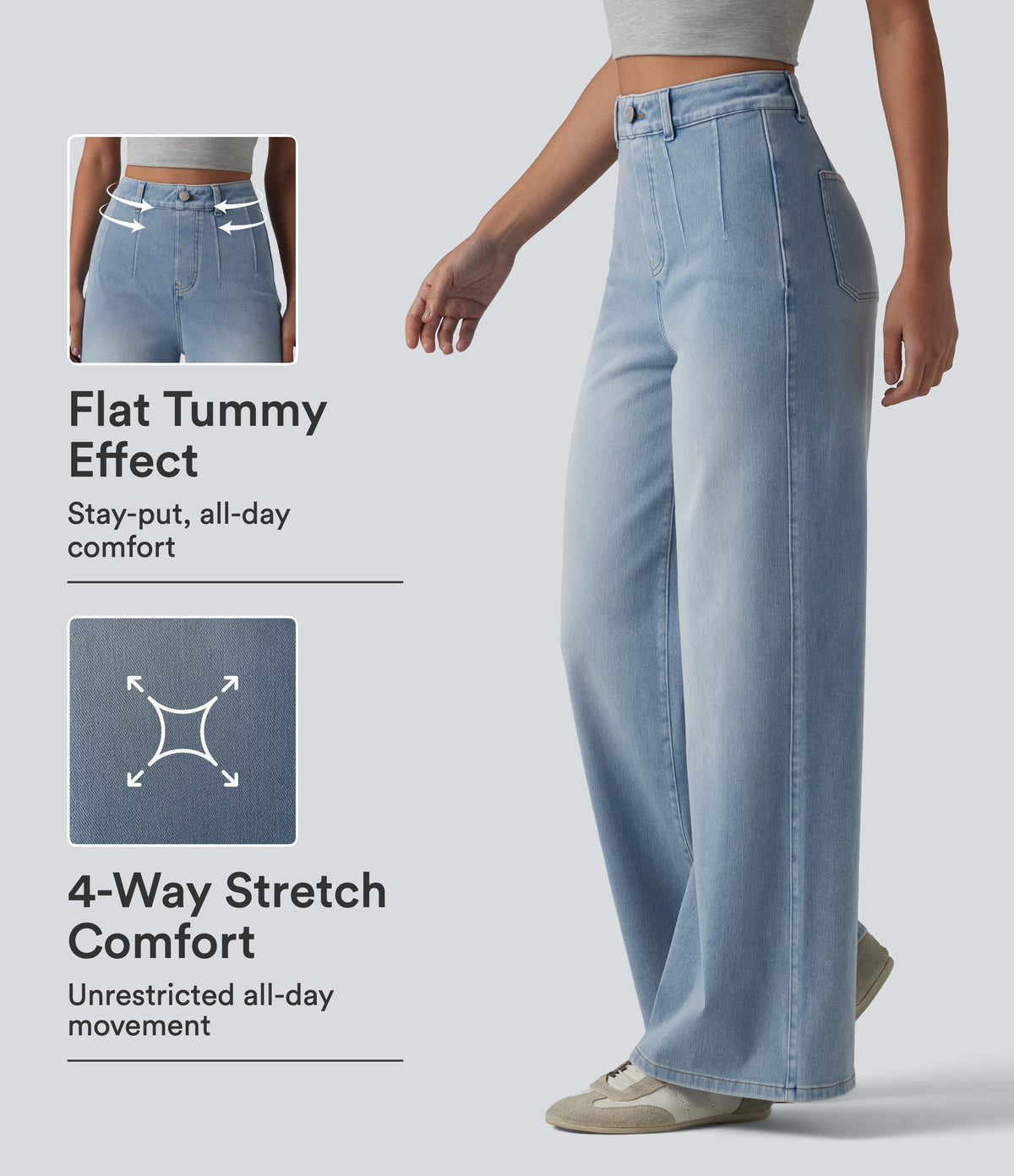 High Waisted Tummy Control Wide Leg Casual Jeans with Pockets — Light Blue – Glacier Light Blue — view 1