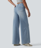 High Waisted Tummy Control Wide Leg Casual Jeans with Pockets — Light Blue – Glacier Light Blue — view 2
