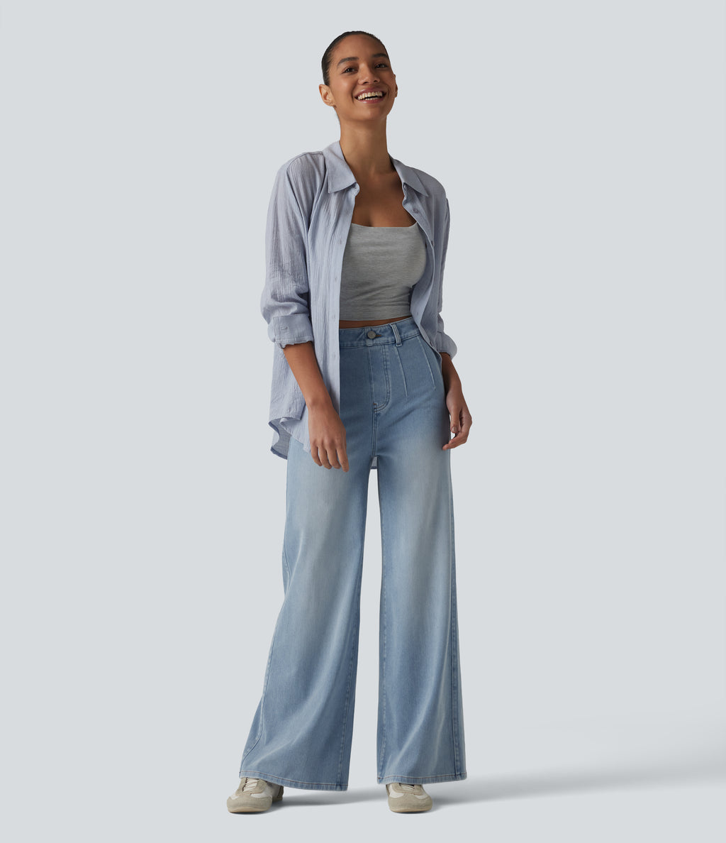 High Waisted Tummy Control Wide Leg Casual Jeans with Pockets — Light Blue – Glacier Light Blue — view 6