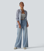 High Waisted Tummy Control Wide Leg Casual Jeans with Pockets — Light Blue – Glacier Light Blue — view 6
