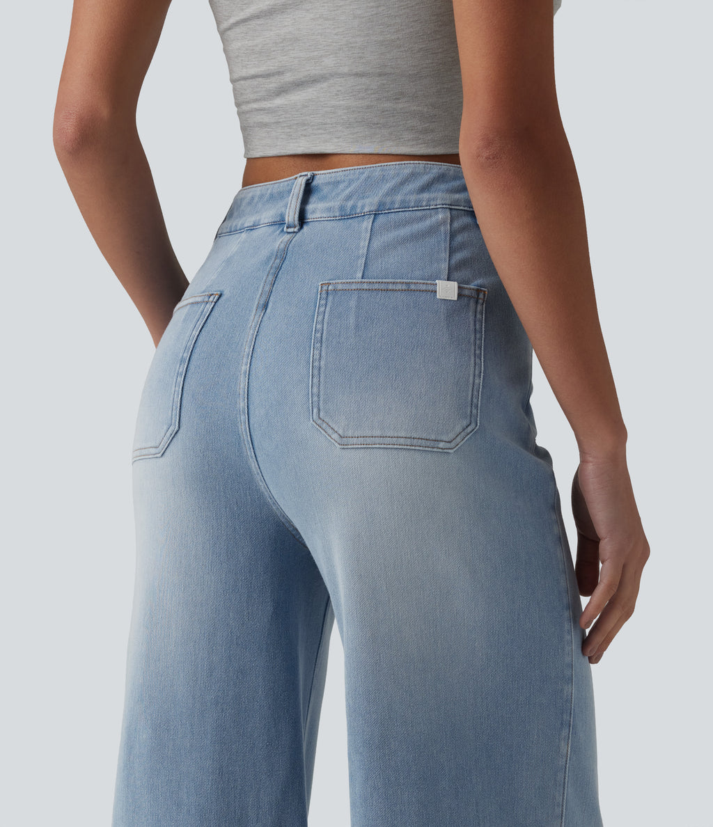 High Waisted Tummy Control Wide Leg Casual Jeans with Pockets — Light Blue – Glacier Light Blue — view 4