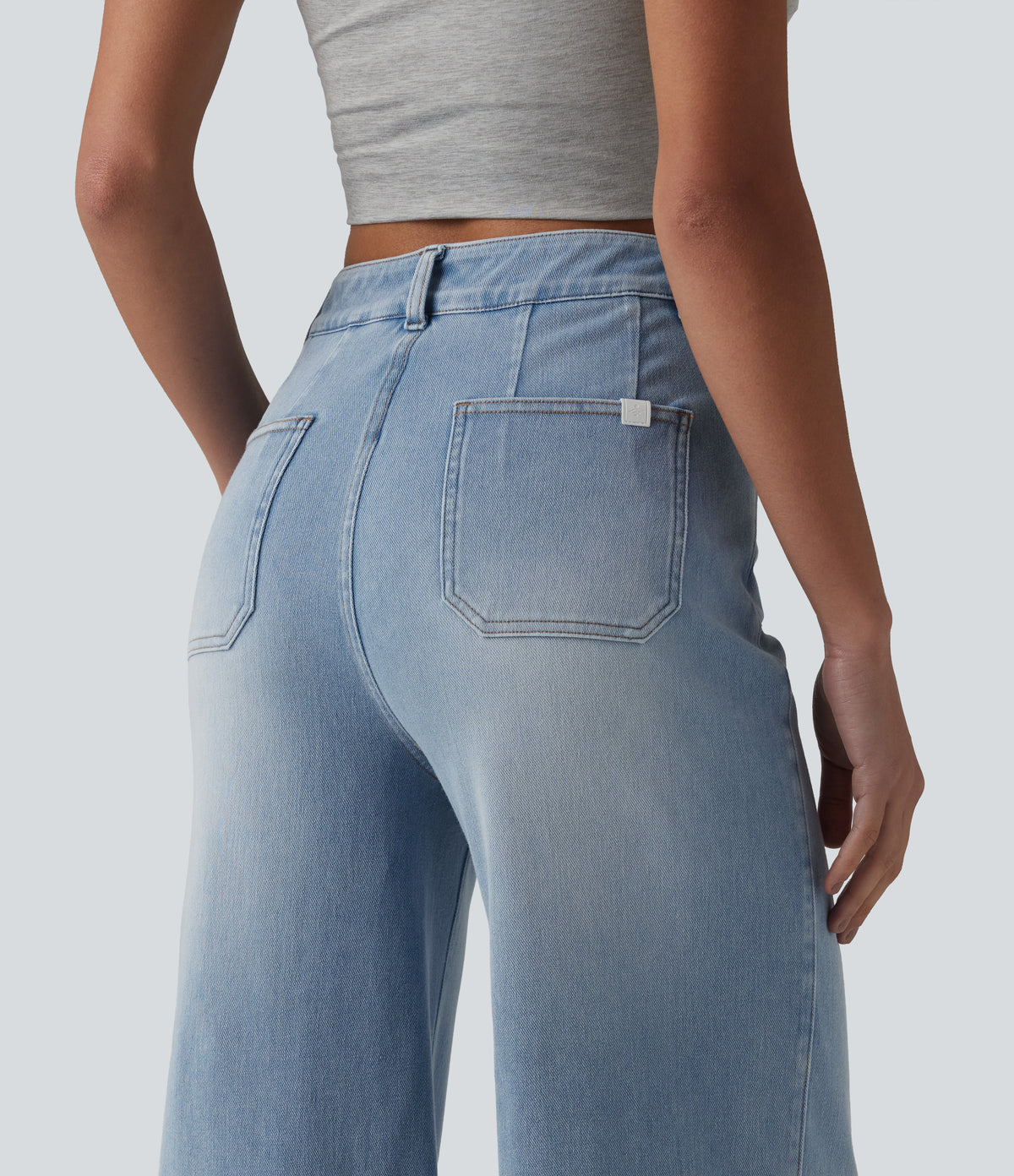 High Waisted Tummy Control Wide Leg Casual Jeans with Pockets — Light Blue – Glacier Light Blue — view 4
