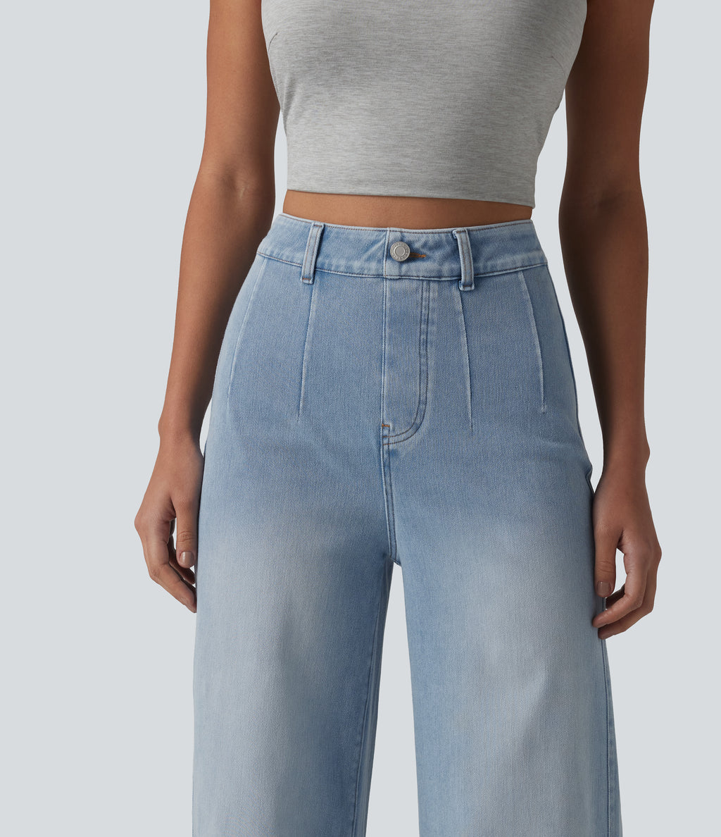 High Waisted Tummy Control Wide Leg Casual Jeans with Pockets — Light Blue – Glacier Light Blue — view 5