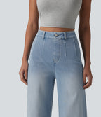 High Waisted Tummy Control Wide Leg Casual Jeans with Pockets — Light Blue – Glacier Light Blue — view 5