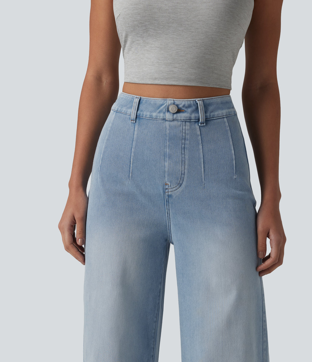High Waisted Tummy Control Wide Leg Casual Jeans with Pockets — Light Blue – Glacier Light Blue — view 5
