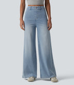 High Waisted Tummy Control Wide Leg Casual Jeans with Pockets — Light Blue – Glacier Light Blue — view 3