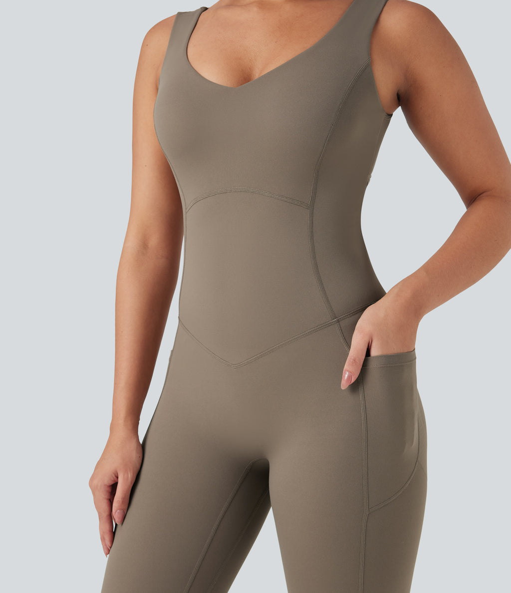 V Neck Tummy Control Butt Lifting Workout Jumpsuit with Pockets — Dawn Brown — view 5