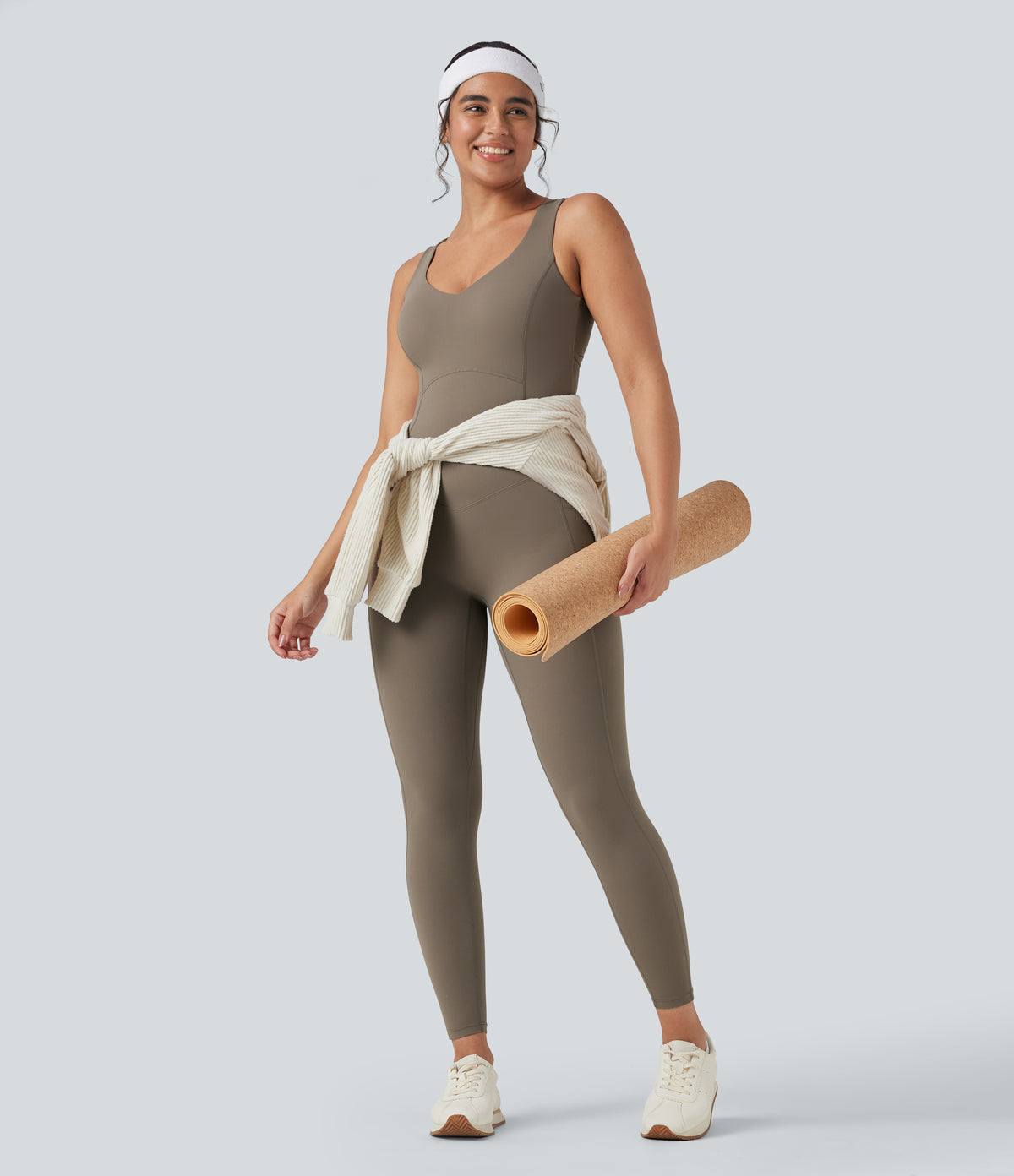 V Neck Tummy Control Butt Lifting Workout Jumpsuit with Pockets — Dawn Brown — view 6