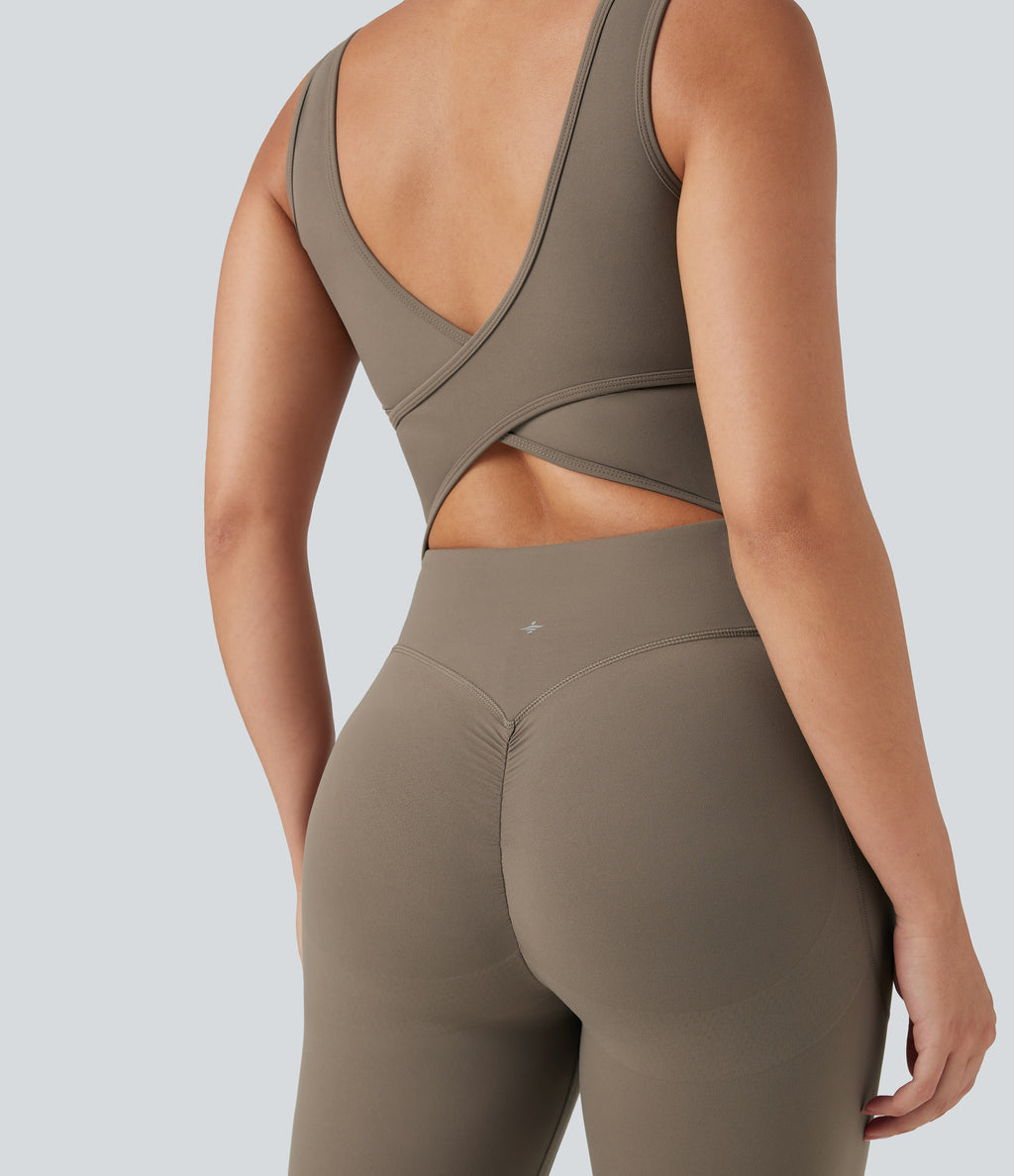 V Neck Tummy Control Butt Lifting Workout Jumpsuit with Pockets — Dawn Brown — view 4