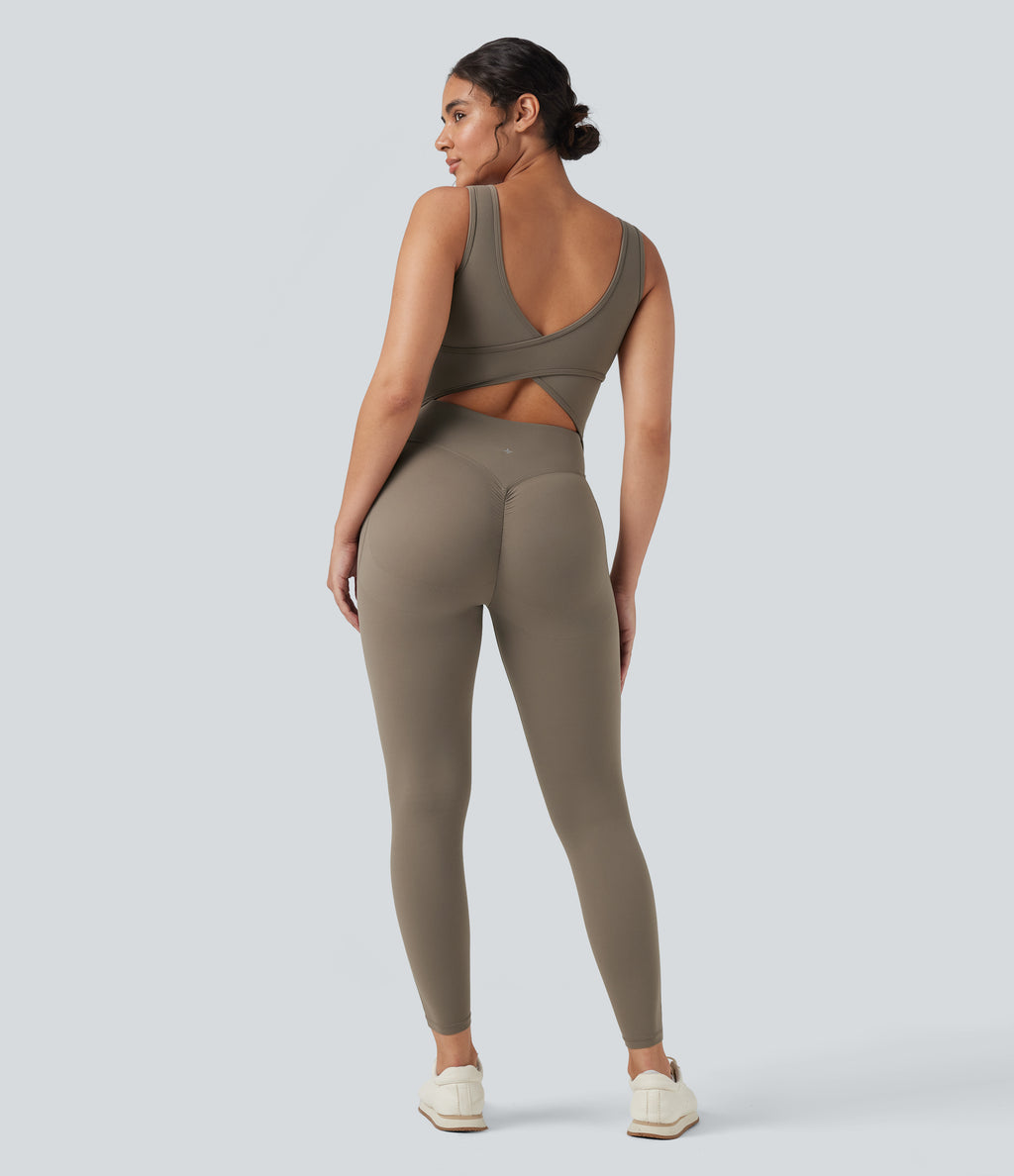 V Neck Tummy Control Butt Lifting Workout Jumpsuit with Pockets — Dawn Brown — view 1