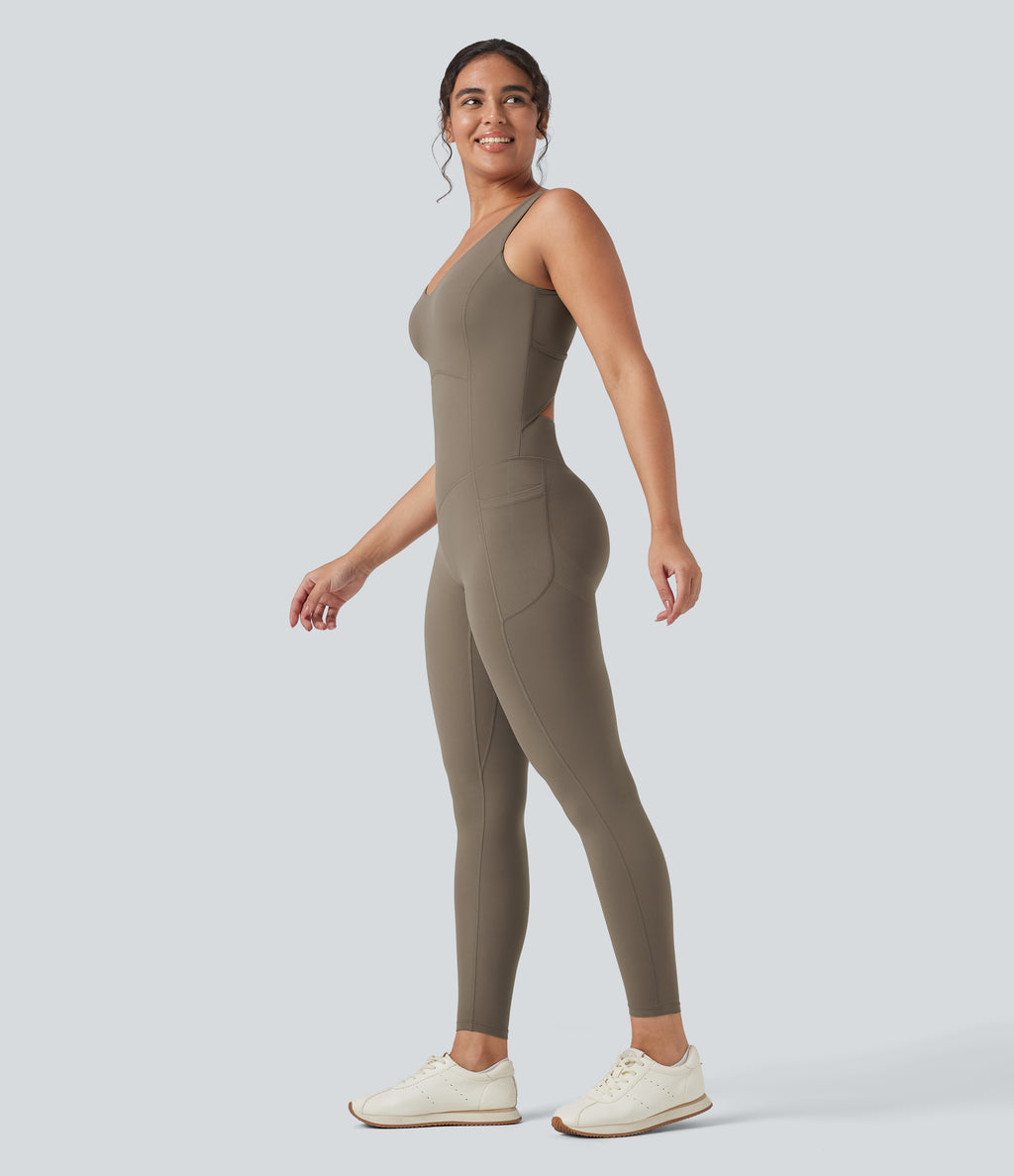 V Neck Tummy Control Butt Lifting Workout Jumpsuit with Pockets — Dawn Brown — view 2