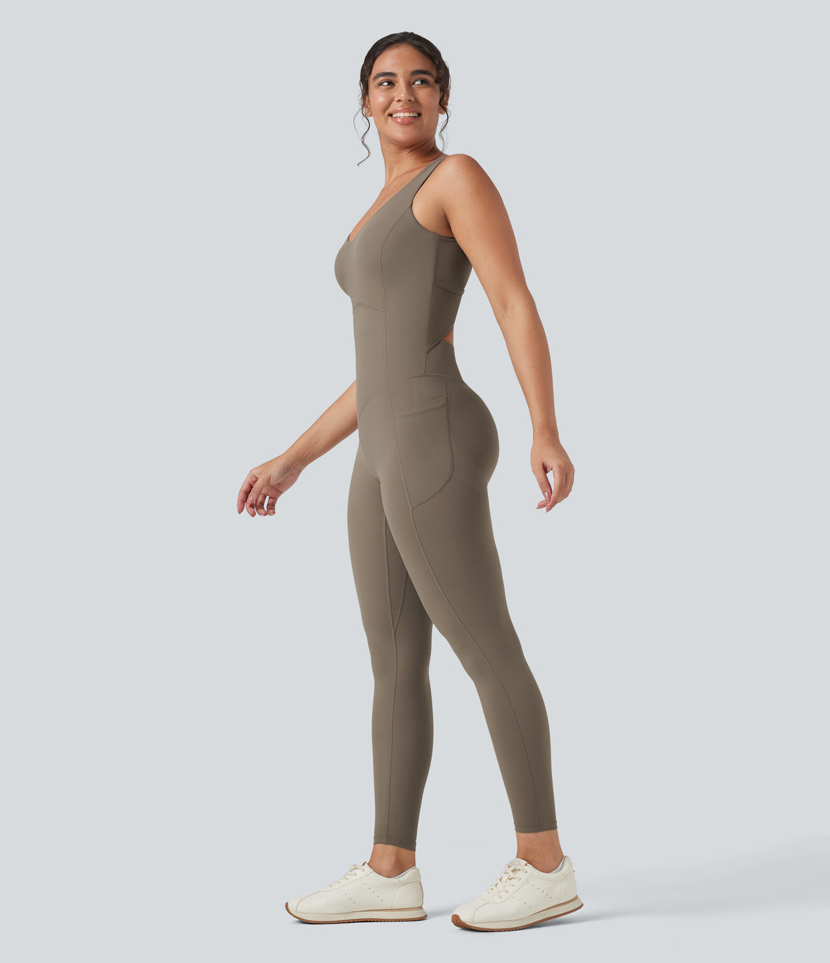 V Neck Tummy Control Butt Lifting Workout Jumpsuit with Pockets — Dawn Brown — view 2