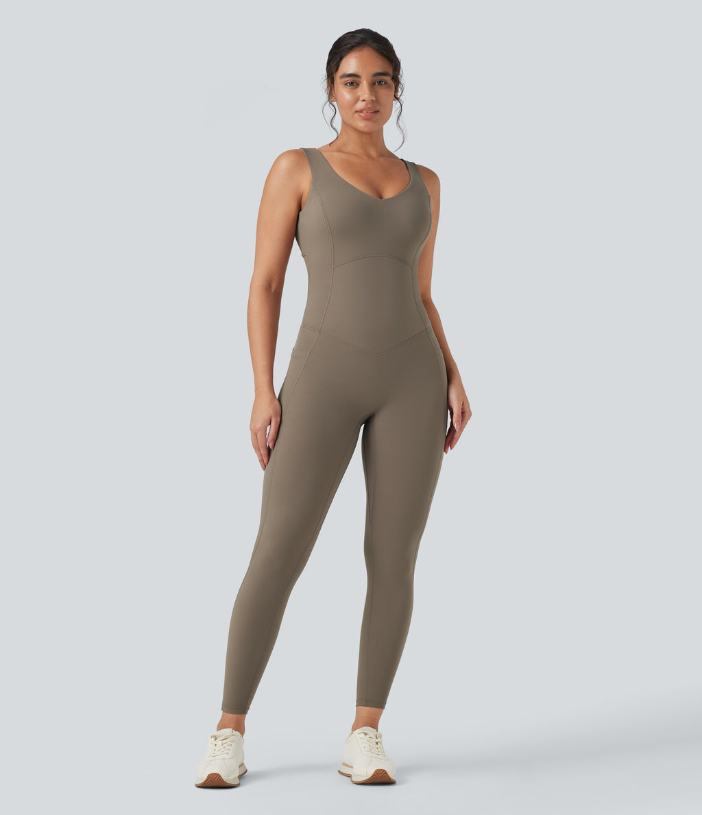 V Neck Tummy Control Butt Lifting Workout Jumpsuit with Pockets — Dawn Brown — view 3