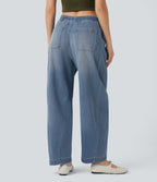 Mid Rise Drawstring Barrel Leg Washed Casual Baggy Jogger Jeans with Pockets — Coronet Blue Denim — view 2