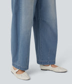 Mid Rise Drawstring Barrel Leg Washed Casual Baggy Jogger Jeans with Pockets — Coronet Blue Denim — view 6