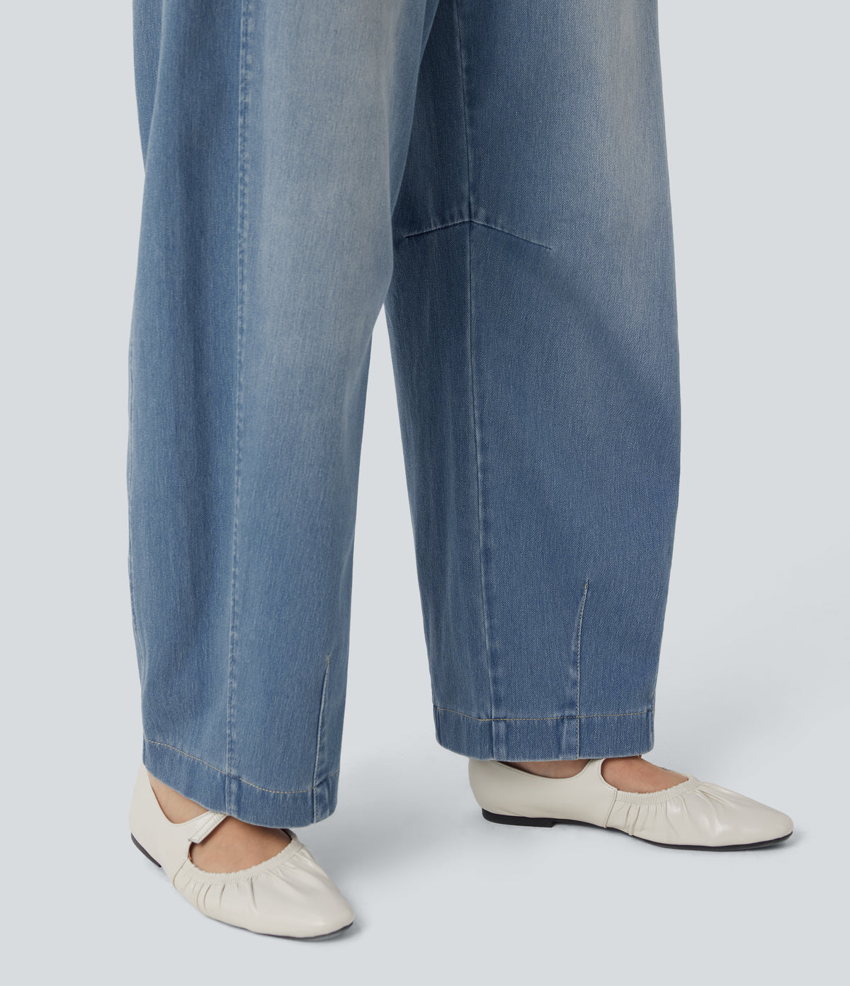 Mid Rise Drawstring Barrel Leg Washed Casual Baggy Jogger Jeans with Pockets — Coronet Blue Denim — view 6