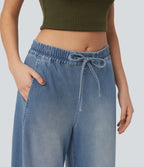 Mid Rise Drawstring Barrel Leg Washed Casual Baggy Jogger Jeans with Pockets — Coronet Blue Denim — view 4
