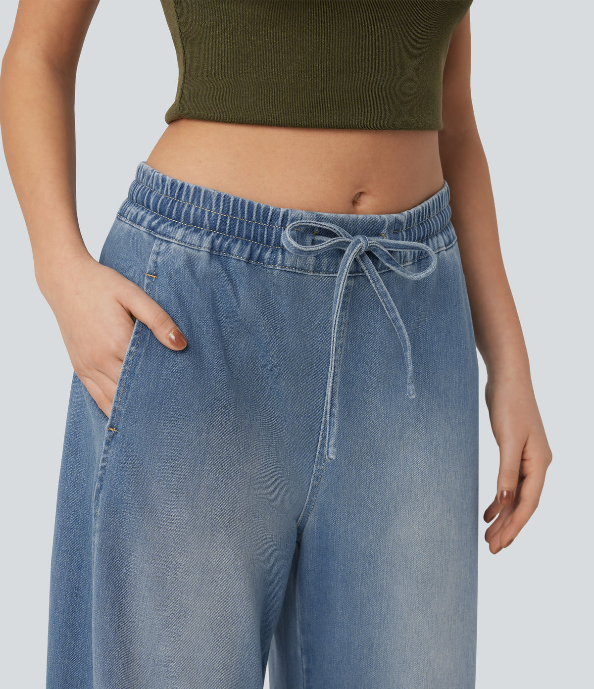 Mid Rise Drawstring Barrel Leg Washed Casual Baggy Jogger Jeans with Pockets — Coronet Blue Denim — view 4