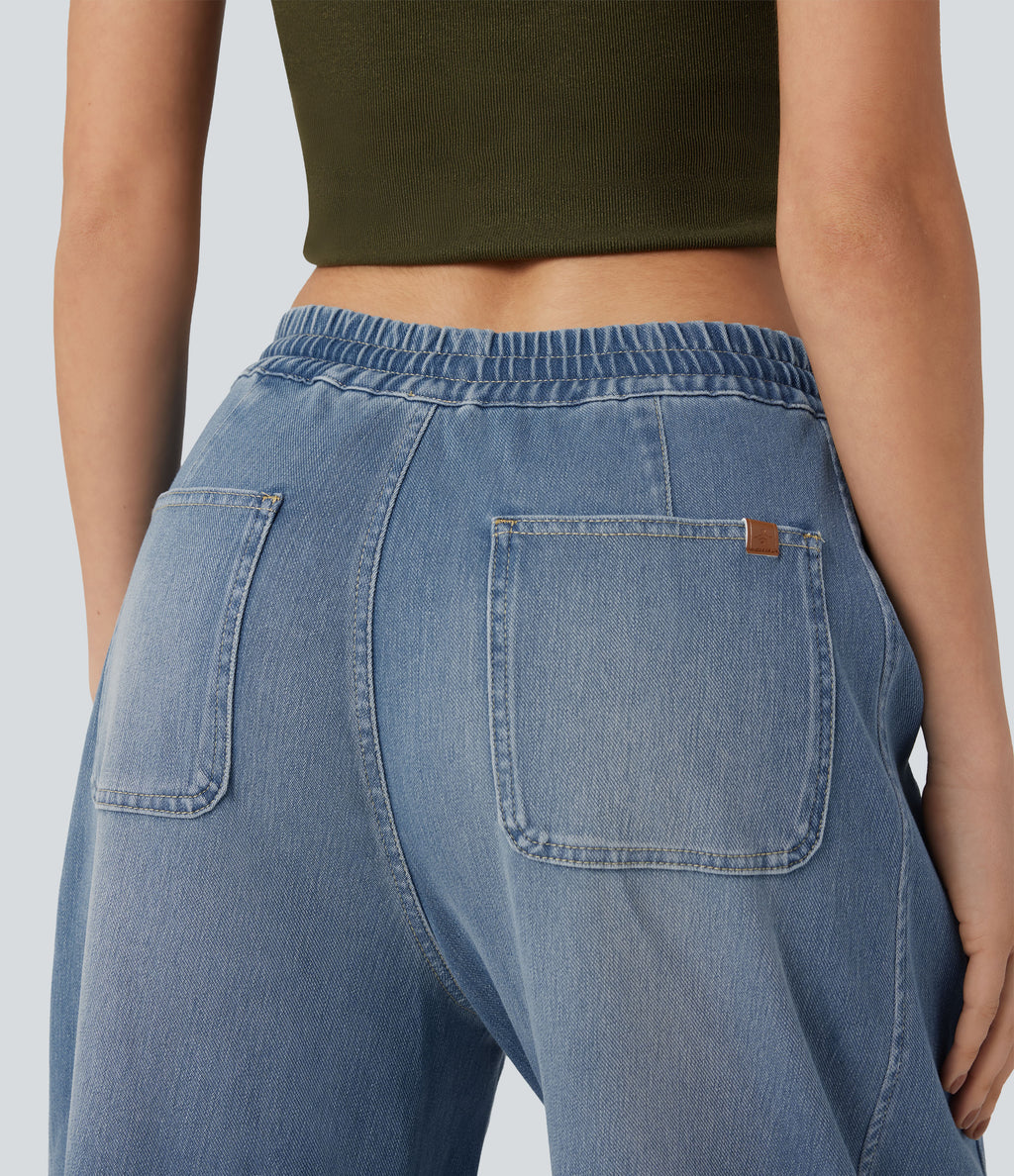 Mid Rise Drawstring Barrel Leg Washed Casual Baggy Jogger Jeans with Pockets — Coronet Blue Denim — view 5