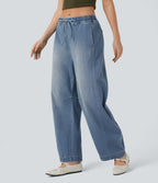 Mid Rise Drawstring Barrel Leg Washed Casual Baggy Jogger Jeans with Pockets — Coronet Blue Denim — view 1