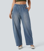 Mid Rise Drawstring Barrel Leg Washed Casual Baggy Jogger Jeans with Pockets — Coronet Blue Denim — view 3