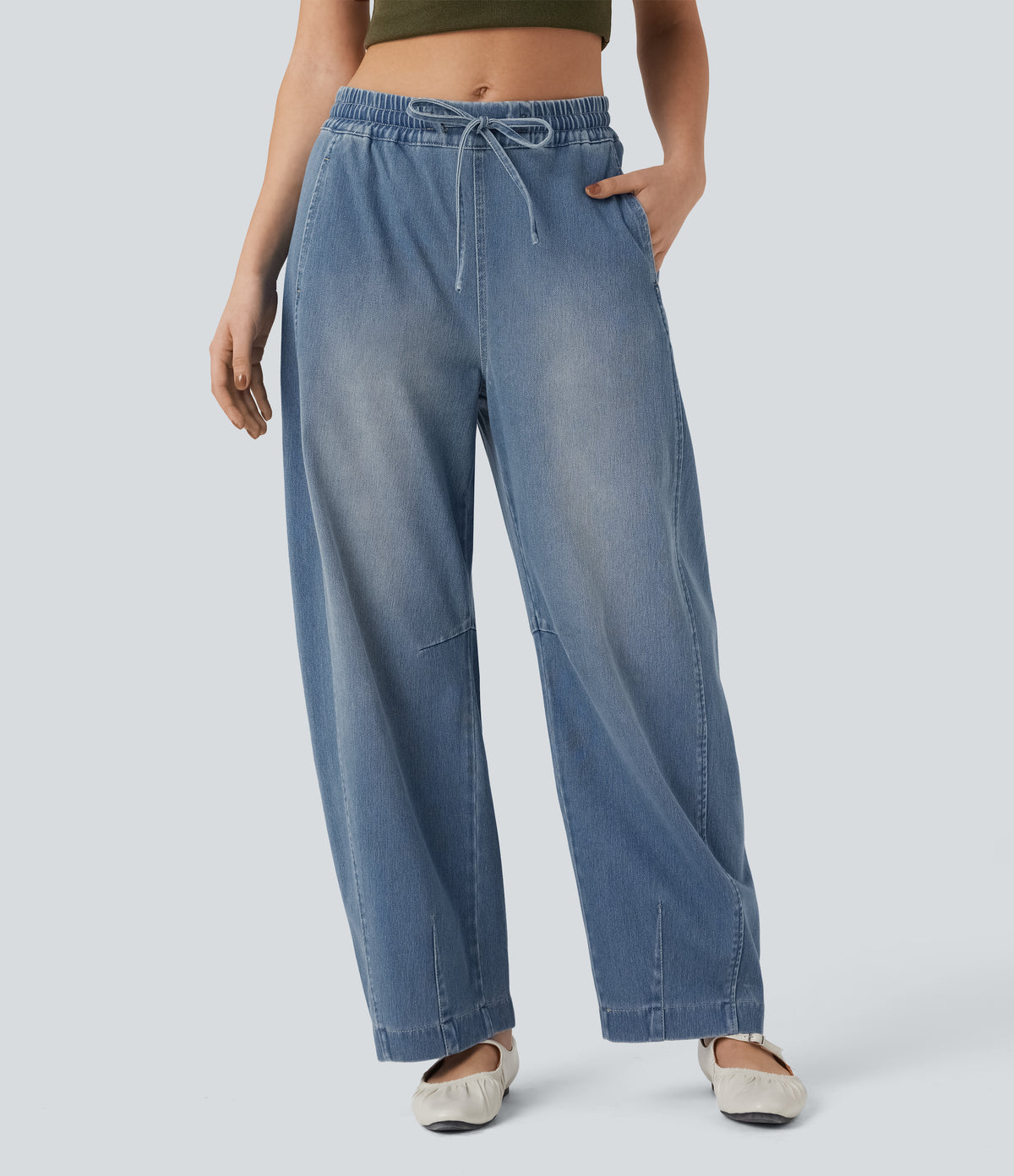 Mid Rise Drawstring Barrel Leg Washed Casual Baggy Jogger Jeans with Pockets — Coronet Blue Denim — view 3