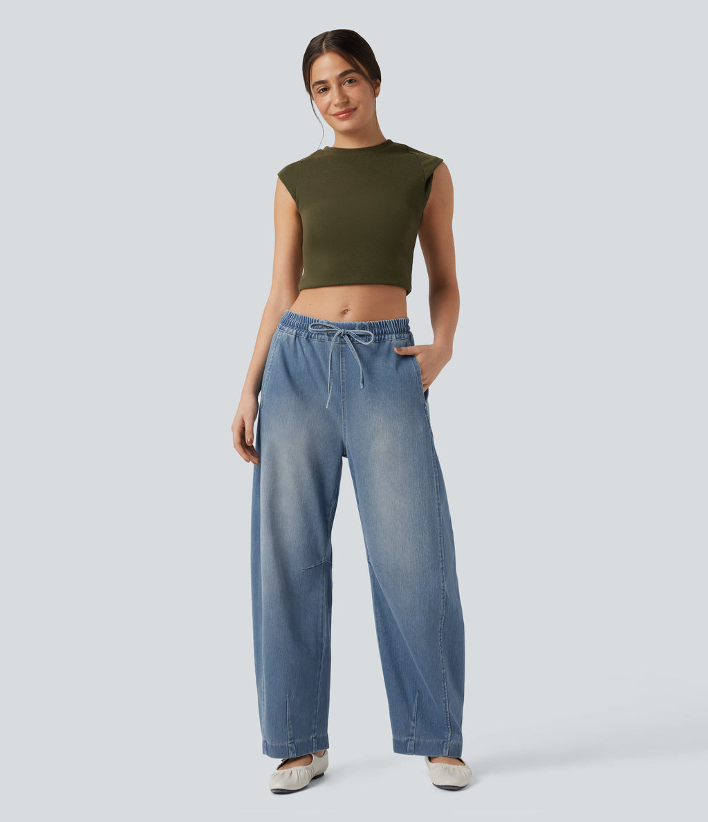Mid Rise Drawstring Barrel Leg Washed Casual Baggy Jogger Jeans with Pockets — Coronet Blue Denim — view 7