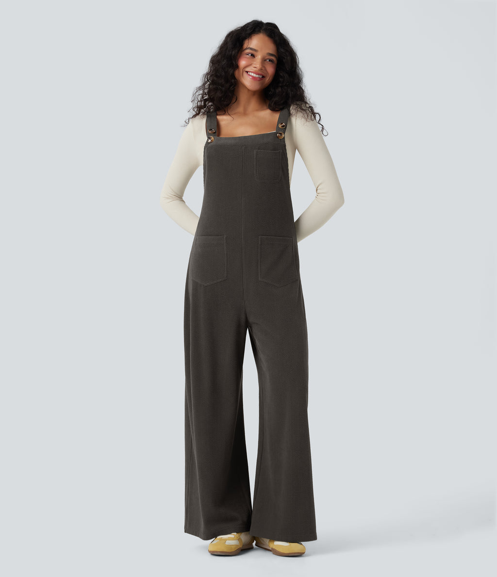 Square Neck Corduroy Casual Dungarees with Pockets — Black Olive — view 1