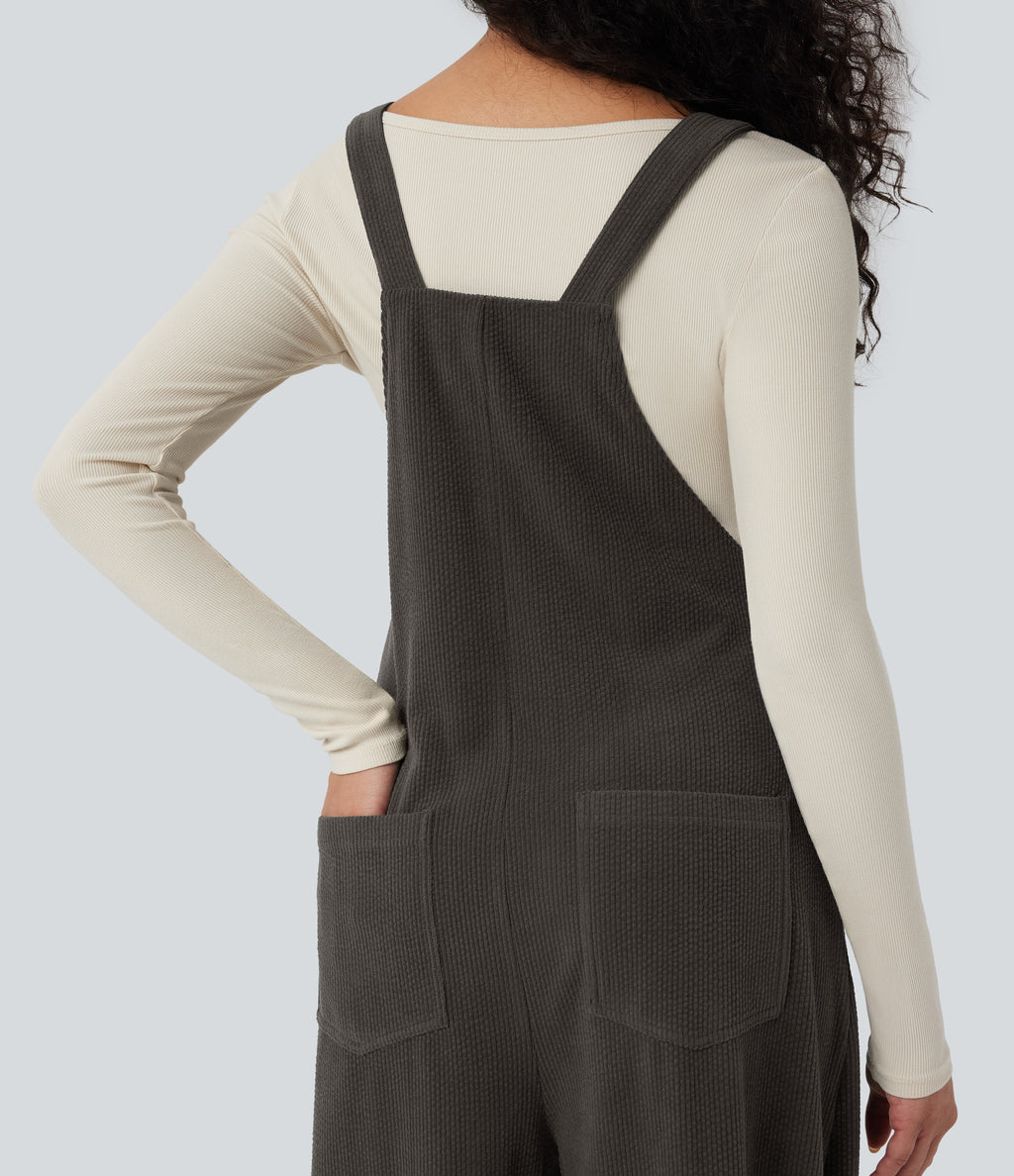 Square Neck Corduroy Casual Dungarees with Pockets — Black Olive — view 5