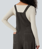 Square Neck Corduroy Casual Dungarees with Pockets — Black Olive — view 5