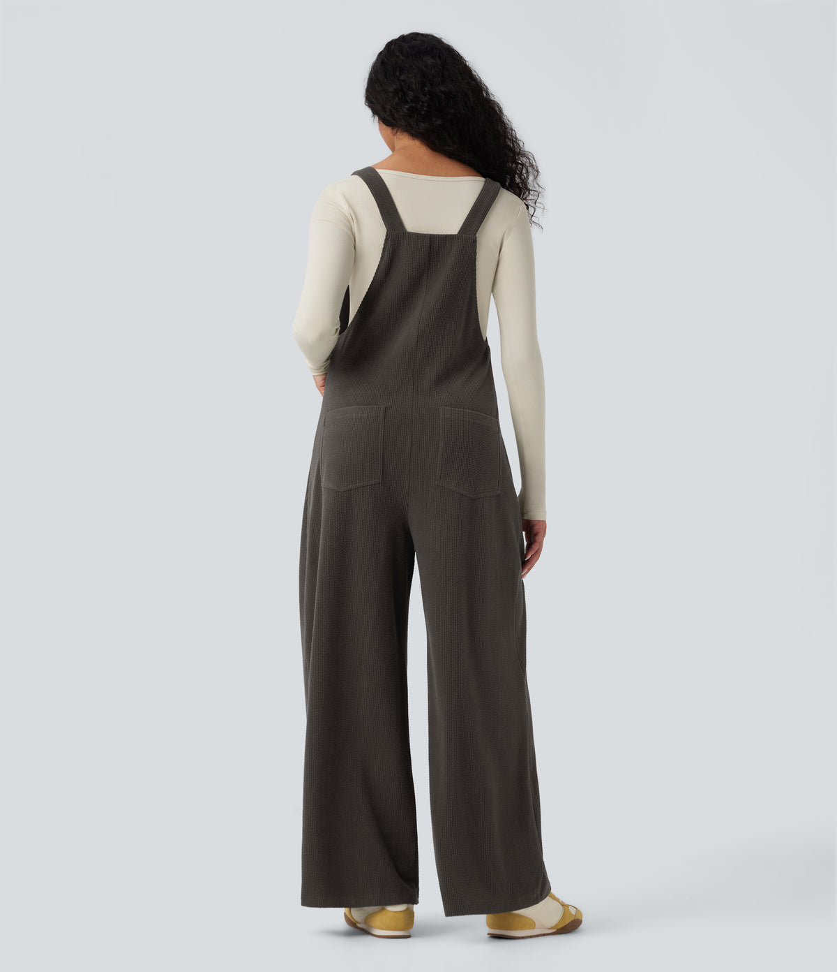 Square Neck Corduroy Casual Dungarees with Pockets — Black Olive — view 2