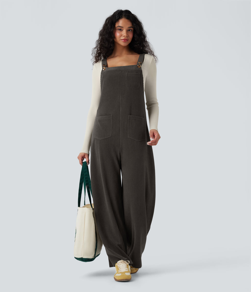 Square Neck Corduroy Casual Dungarees with Pockets — Black Olive — view 6