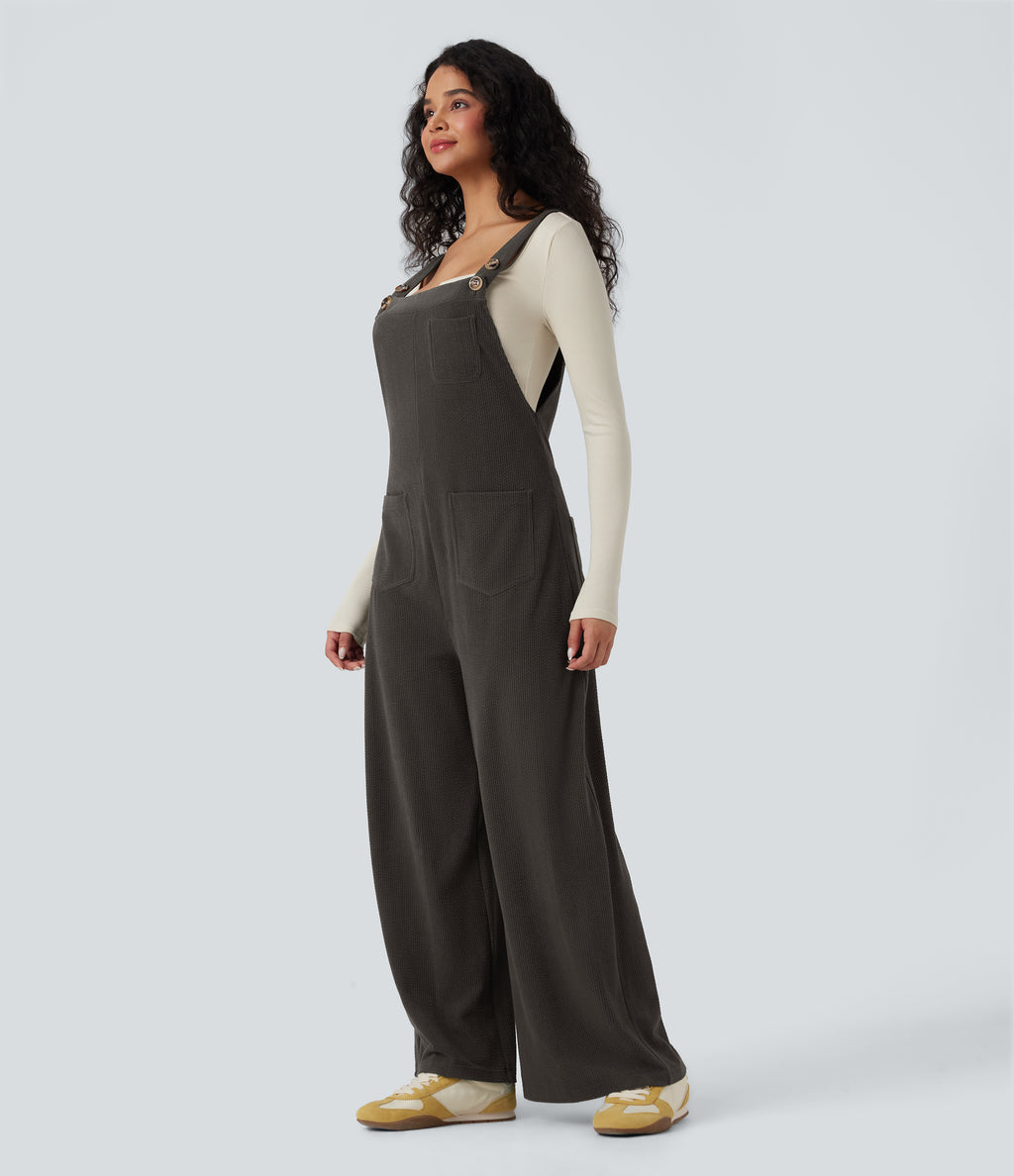 Square Neck Corduroy Casual Dungarees with Pockets — Black Olive — view 3