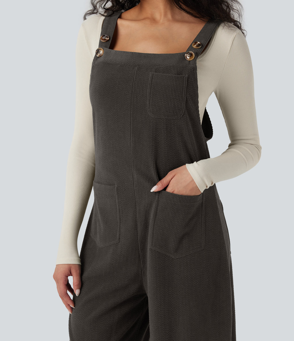 Square Neck Corduroy Casual Dungarees with Pockets — Black Olive — view 4