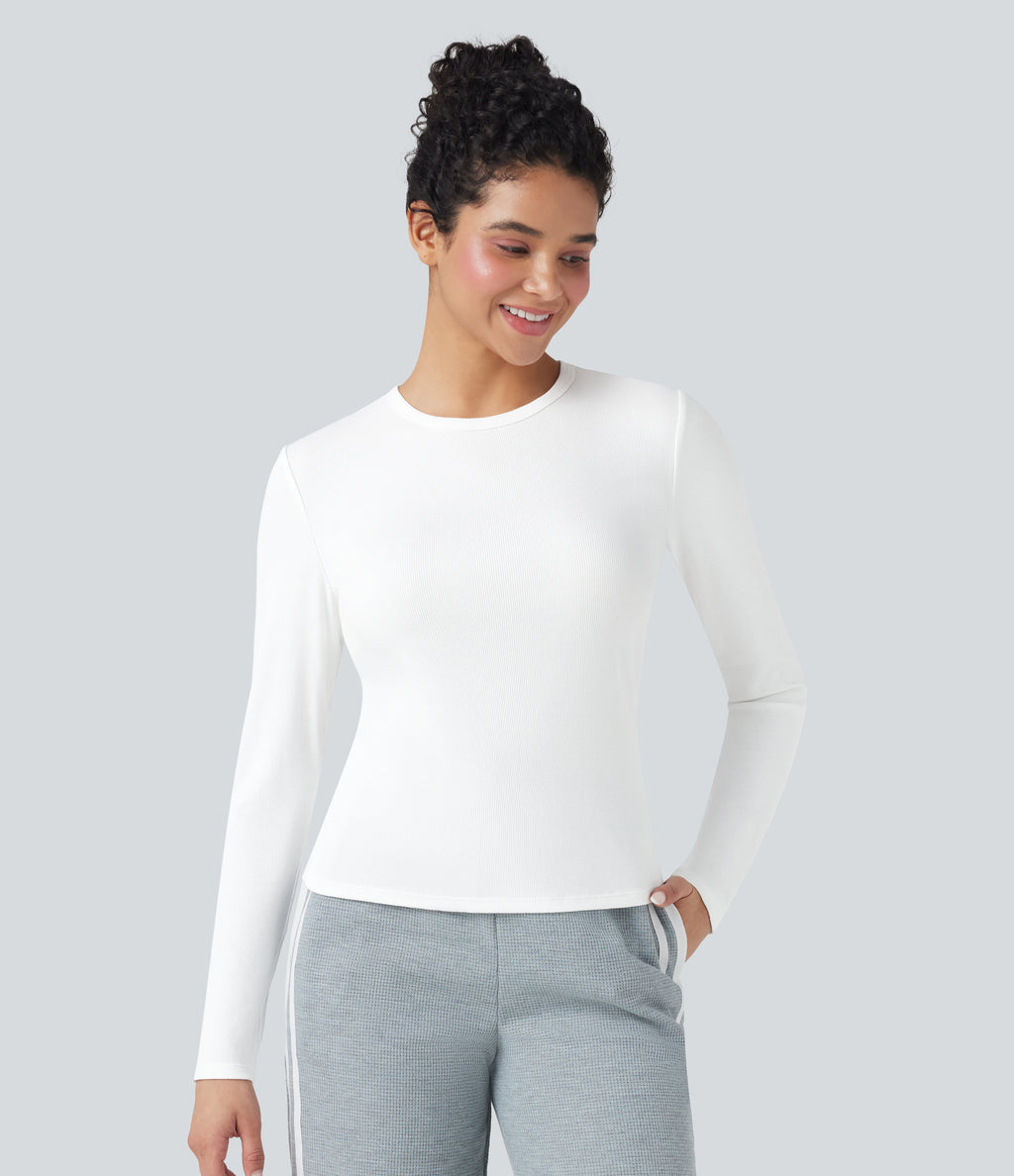 Ribbed Knit Round Neck Long Sleeve Casual Top — White — view 1